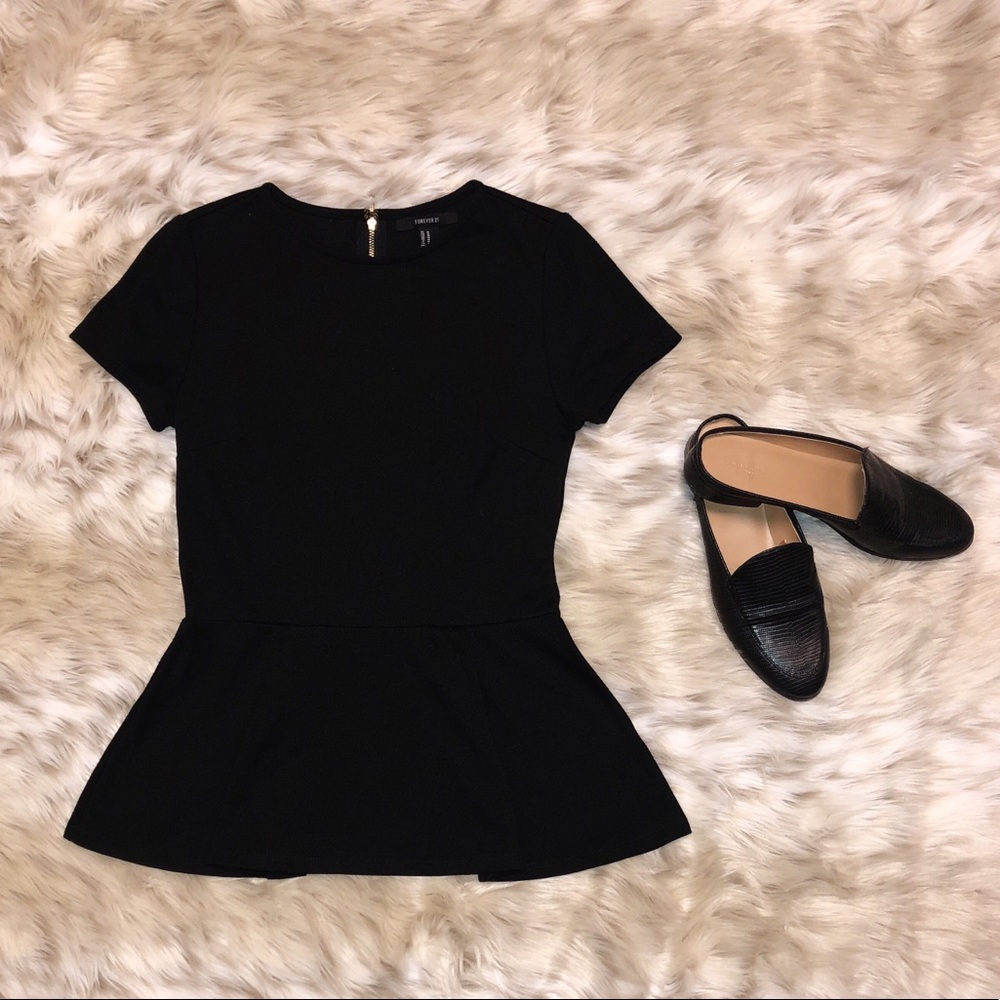 Short Sleeved Black Peplum Top with Gold Zipper